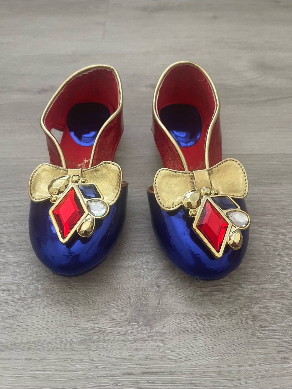Disney Girls Blue Patent Jewel Ballet Flats with Gold Bow and Red Accents